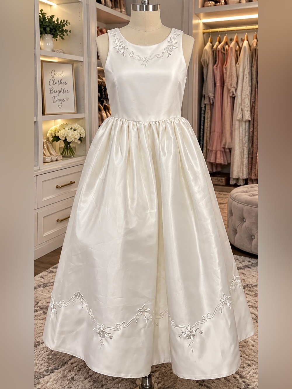Elegant Ivory Girls' Satin Dress with Floral Embroidery Size Small